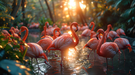 Flamingos bask in the warm glow of sunset, surrounded by lush foliage in a tranquil habitat. A.I.の素材