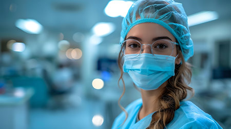 Close-up of a focused female surgeon in scrubs with a surgical mask in a well-equipped operating room. A.I.の素材