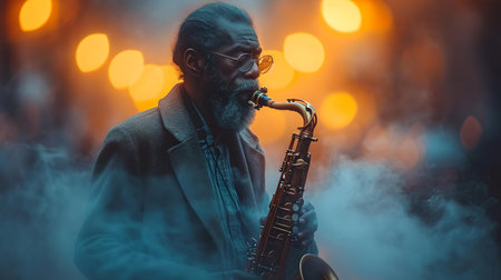An evocative image of a saxophonist playing passionately with a bokeh light background. A.I.の素材