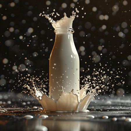 Dynamic image of a milk bottle with milk splashing around, capturing a high-speed moment. A.I.の素材