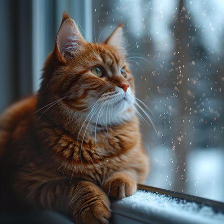 A thoughtful orange tabby cat looks through a window onto a gently snowing world outside. A.I.の素材