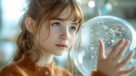 Child gazing intently at a clear orb with a sense of discovery and fascination captured in soft, natural light. A.I.の素材