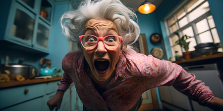 Amused senior woman with a comical shocked expression in a quirky, retro-style kitchen setting. A.I.の素材