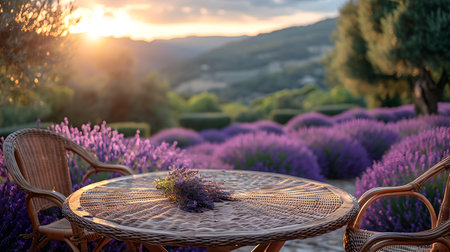 Peaceful terrace overlooking blooming lavender at sunset with wicker furniture. perfect for relaxation. A.I.の素材