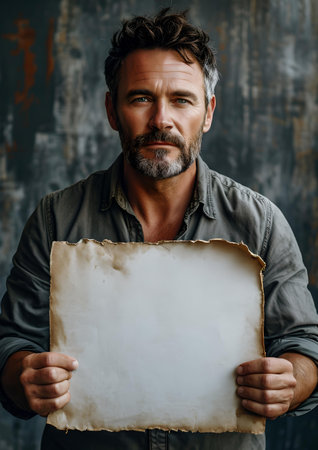A bearded man presents a blank old sheet of paper, perfect for messages or artwork. A.I.の素材