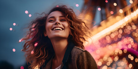 Captivating woman smiling broadly, with a blurry illuminated background, evoking a sense of celebration and joy. A.I.の素材