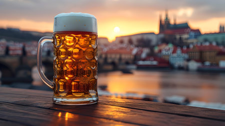Frothy beer mug on a wooden surface with a blurred city and sunset in the background, epitomizing urban leisure. A.I.の素材
