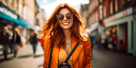 Fashionable lady with sunglasses enjoying a sunny day in the urban setting, exuding confidence. A.I.の素材
