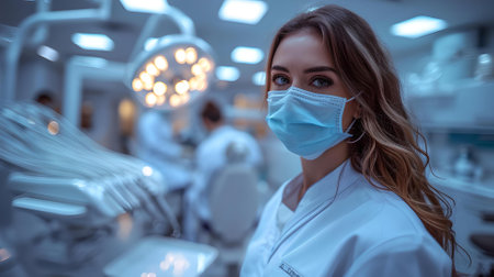 A dedicated female doctor in a face mask stands ready in a hospital. medical staff in action behind. A.I.の素材