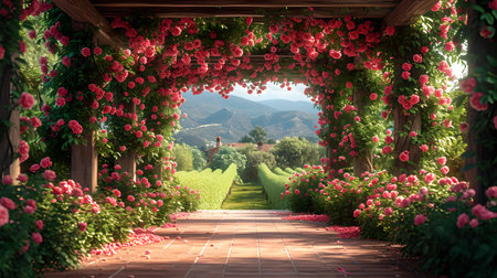 An idyllic rose-covered archway opens to a verdant garden pathway, evoking serenity and natural beauty. A.I.の素材
