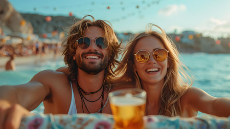 A cheerful man and woman sharing a toast on a sunny beach. the essence of summer fun captured. A.I.の素材