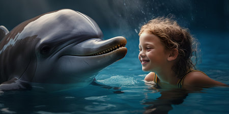 A girl smiles as she swims with a dolphin, capturing a bond between humans and marine life. A.I.の素材
