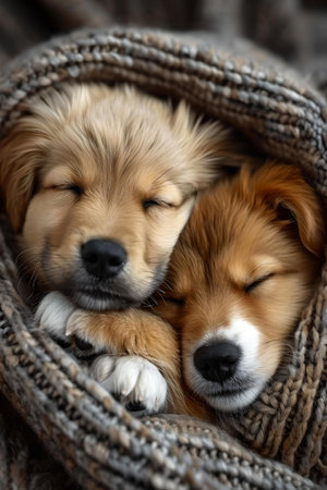 Sleeping puppies embraced in warmth, evoking feelings of comfort, love, and peace in a close-up shot. A.I.の素材