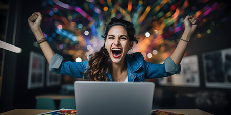 Joyful young lady triumphantly cheering in front of her computer, symbolizing success with fireworks display. A.I.の素材