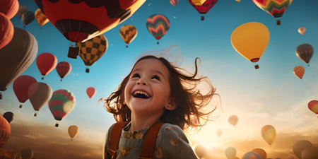 A laughing young girl enjoys a whimsical scene with numerous hot air balloons under a warm sky. A.I.の素材