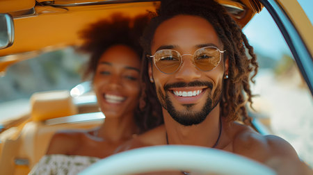 Happy couple driving in a convertible on a sunny day, enjoying life and travel with a sense of freedom. A.I.の素材