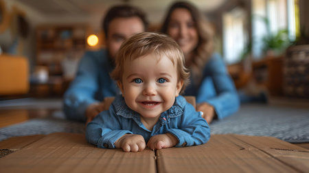 Cheerful baby with sparkling eyes lies on the floor. joyful moments with child, focus on infant's face. A.I.の素材