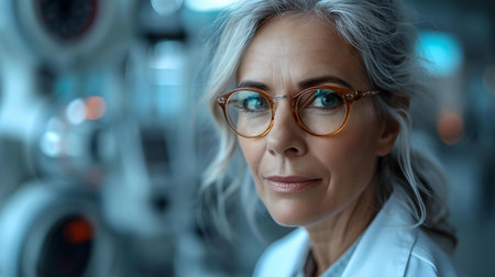 Mature woman with glasses stands in a technology-rich environment, emanating expertise and confidence. A.I.の素材