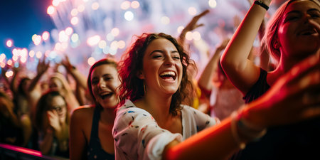 Vibrant photo capturing the excitement of concertgoers with bright fireworks in the background. A.I.の素材