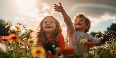 Two young children laugh and reach out in a colorful wildflower field, with sunlight and a rainbow backdrop. A.I.の素材