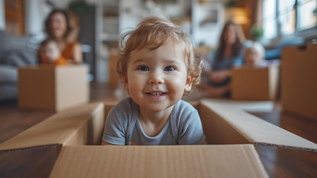 Cute young child enjoying playtime in a box with family in the background. family bonding. A.I.の素材