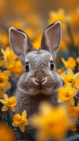 An adorable rabbit peeks through a field of yellow blossoms, embodying the essence of springtime wonder. A.I.の素材
