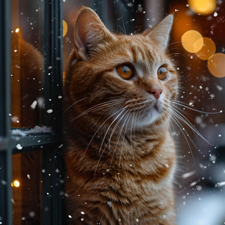 Ginger cat by the window, mesmerized by falling snowflakes. perfect for cozy winter imagery. A.I.の素材