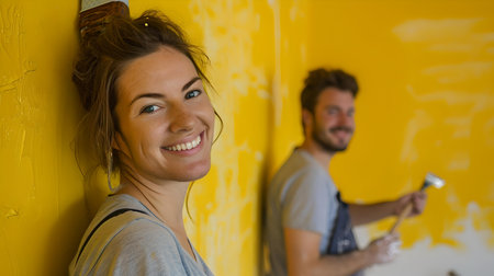 A smiling woman in focus with a man painting a wall in the background signify joy in DIY home projects. A.I.の素材