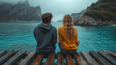 A serene image of two people sitting together, enjoying a tranquil view of a misty lake surrounded by mountains. A.I.の素材