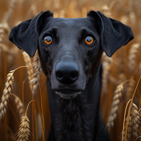 Intense gaze of a black dog in a wheat field, conveying emotion and depth in natural surroundings. A.I.の素材