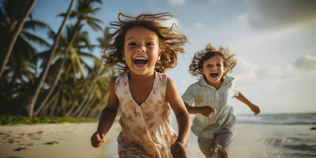 Two happy kids playing and running on a tropical beach with excitement and joy, a moment of pure happiness. A.I.の素材