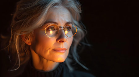 Intimate portrait of a senior woman with glasses, illuminated by a warm light, revealing thoughtful expression. A.I.の素材