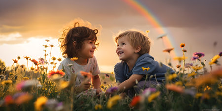 Two happy kids playing and smiling in a colorful meadow with a vivid rainbow in the background. A.I.の素材