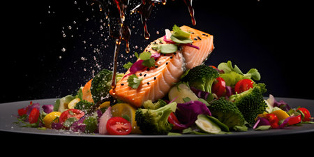 Grilled salmon with a fresh salad and a dynamic splash of sauce captured against a dark background. A.I.の素材