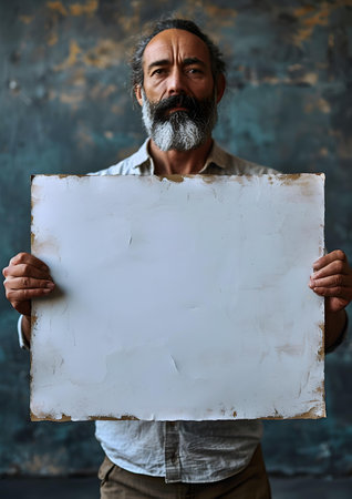 A bearded elderly man presents an empty canvas for messages or ads, exuding a strong character and resolve. A.I.の素材