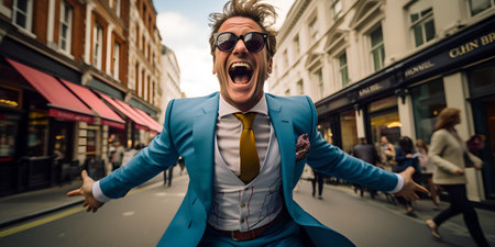 Joyous male in vibrant atmosphere exuberantly celebrates in the heart of the city, embodying urban life and zest. A.I.の素材