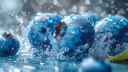 Close view of fresh blueberries with water drops and splash captured in vibrant detail. pure and clean. A.I.の素材