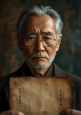 Thoughtful senior man with eyeglasses holding an antique paper. evokes history and legacy. A.I.の素材