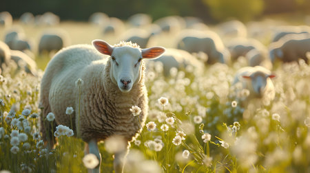 A peaceful sheep amidst blooming flowers under the golden light of dusk, encapsulating the essence of calm. A.I.の素材