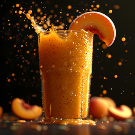 A peach smoothie with a dynamic splash, capturing the essence of a refreshing summer beverage. A.I.の素材