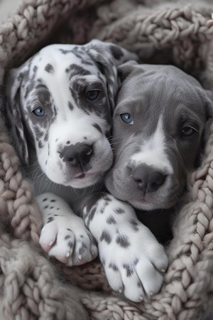 A touching image of two puppies cuddled together, showing innocence and companionship in one glance. A.I.の素材