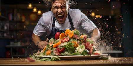 A joyful chef throws a fresh vegetable salad in the air, capturing motion and excitement in the kitchen. A.I.の素材