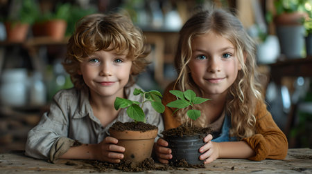 Portrait of cheerful children with green plants, promoting eco-awareness and gardening education. A.I.の素材
