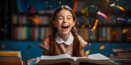A happy child with an open book, celebrating imagination and joy in a library setting with confetti. A.I.の素材