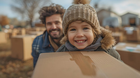 Joyful young child and parent enjoying a moving day together, encapsulating the warmth of family moments. A.I.の素材