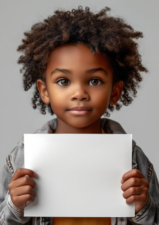 Smiling girl with curly hair holds a white board. ideal for advertising and message space. A.I.の素材