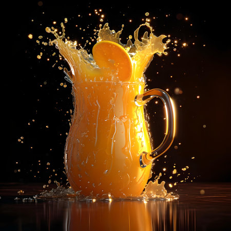 A vibrant image capturing a dynamic splash of orange juice in a clear pitcher against a dark backdrop. A.I.の素材
