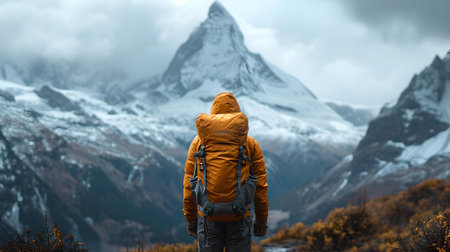 Back view of a lone hiker admiring a towering mountain peak amidst a dramatic landscape, evoking wanderlust. A.I.の素材