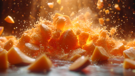 Fresh orange segments explode mid-air, captured in sharp detail against a warm background. a refreshing dynamic image. A.I.の素材