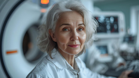 Elderly medical expert in lab coat stands before MRI scanner, exuding competence and dedication in healthcare. A.I.の素材